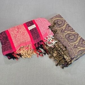 Jerusalem Scarf Set Women OS Pink Purple Gold Paisley Cashmere Pashmina Wrap 2pc